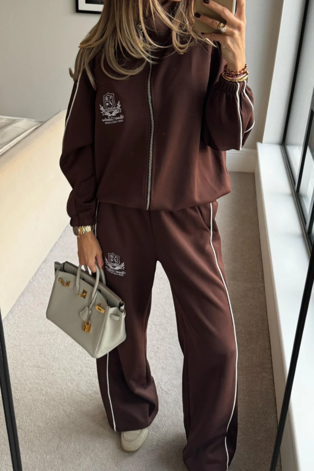 RESORT COLLECTIVE EMBROIDERED CHOCOLATE PIPING ZIP JACKET & TROUSER LOUNGEWEAR - Image 2