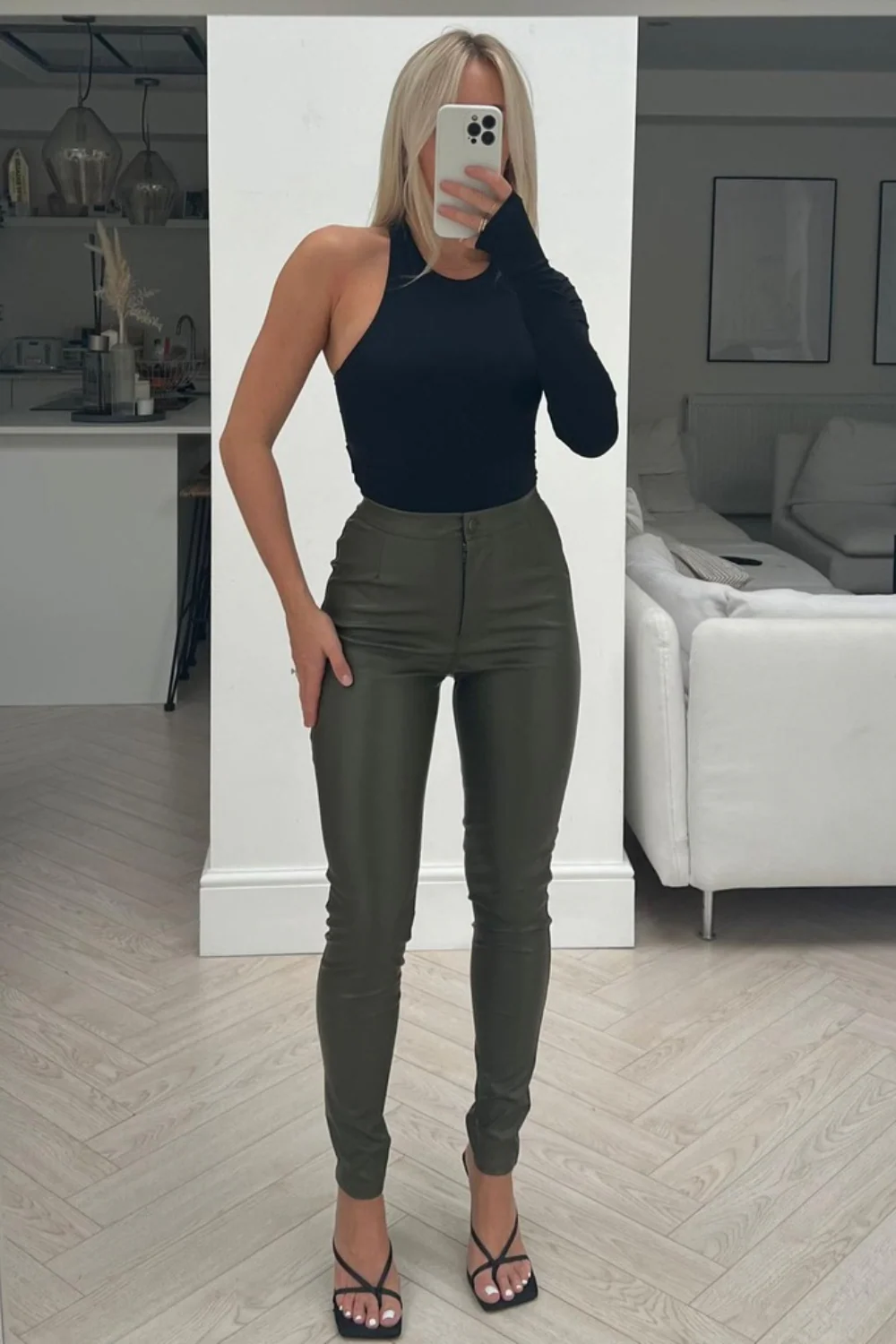 Reya khaki Pu zip leggings - Image 2