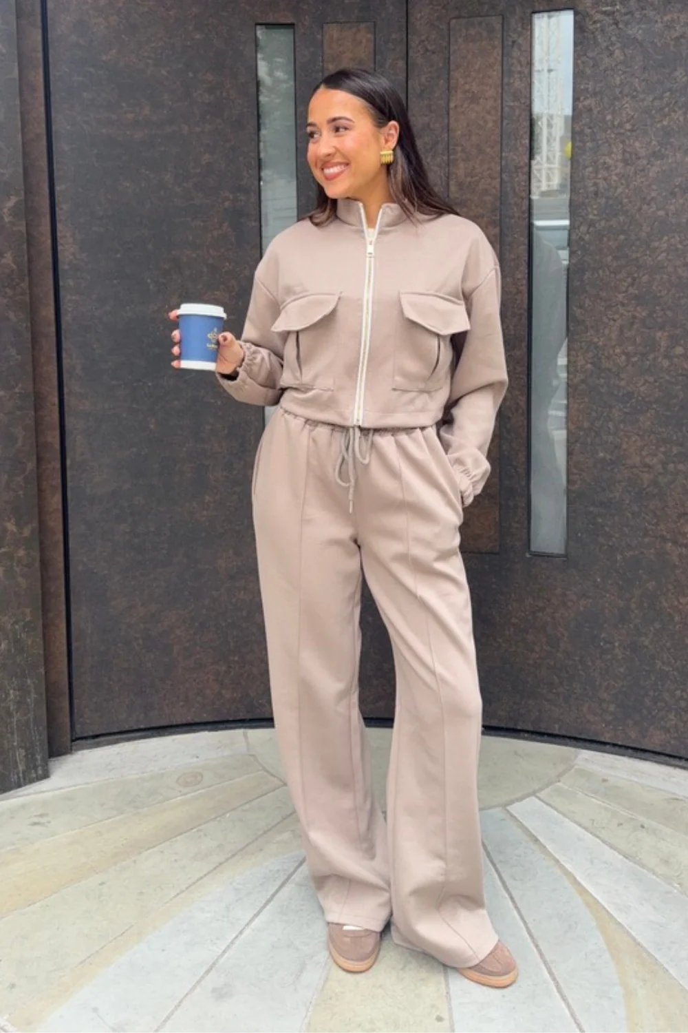 Rhea taupe bomber jacket straight leg jogger loungewear