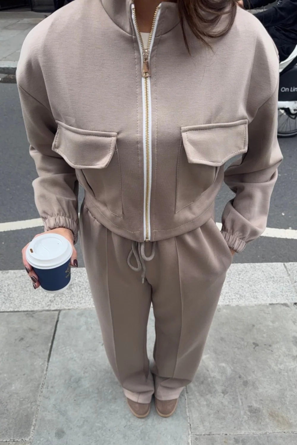 Rhea taupe bomber jacket straight leg jogger loungewear - Image 2
