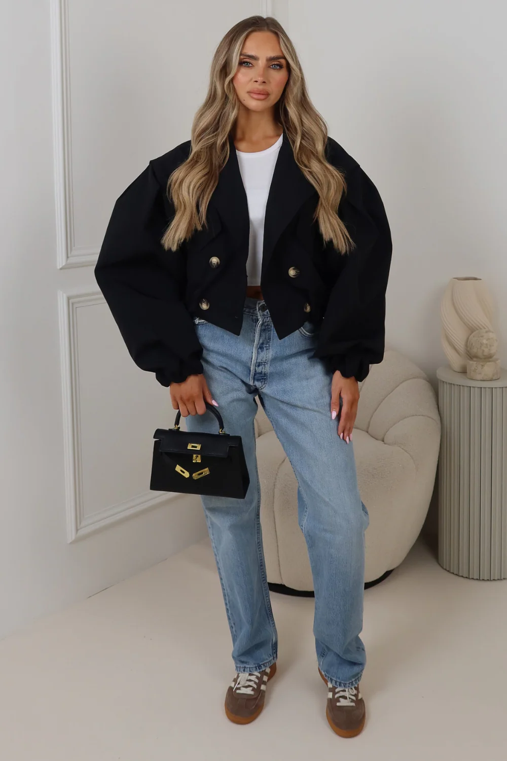 Rhi black cinched waist cropped trench jacket