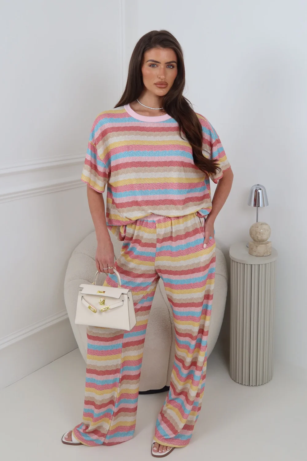 RIA PINK MULTI STRIPED COLOUR TROUSER CO ORD TWO PIECE SET