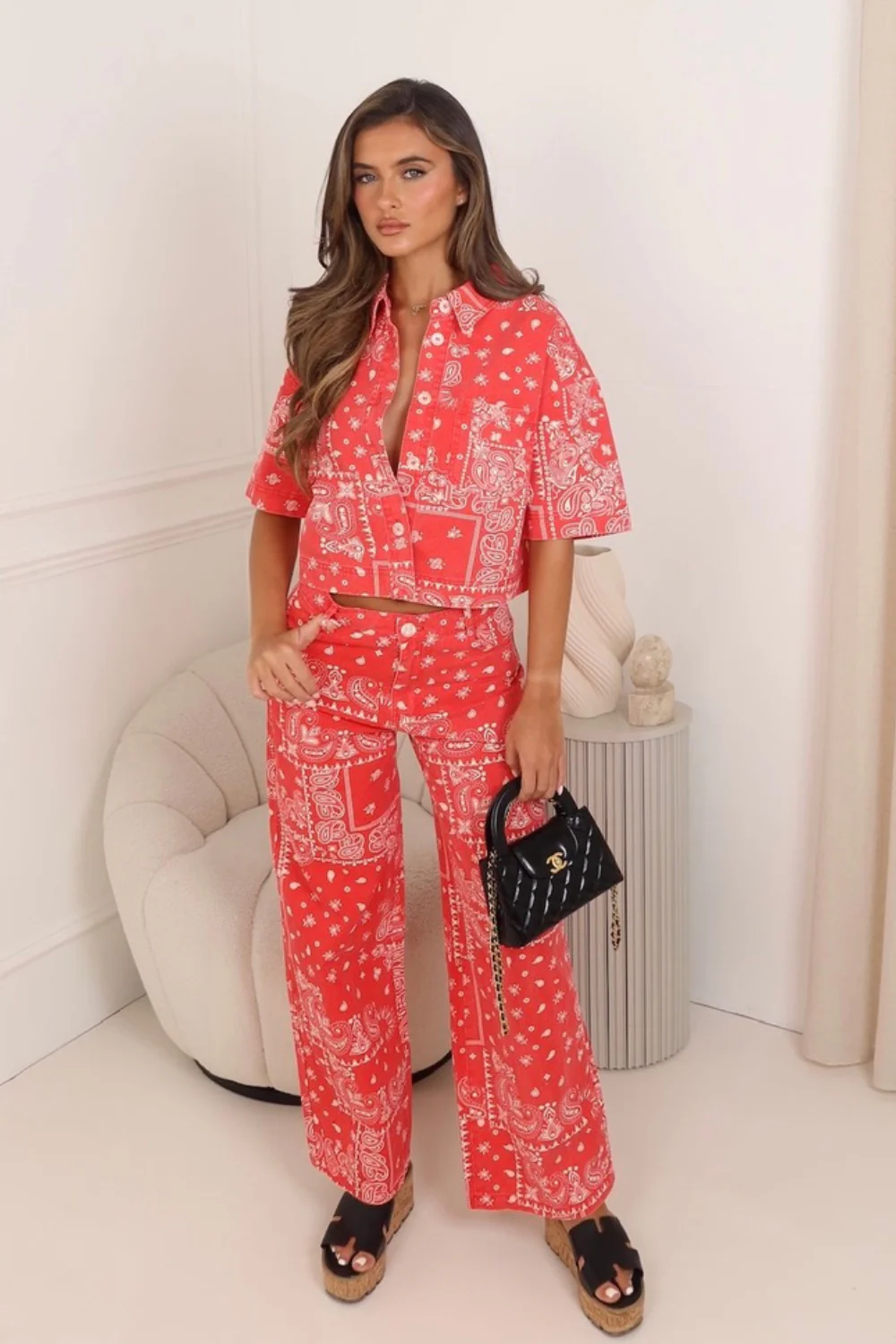 Ria red denim boho cropped shirt - Image 2