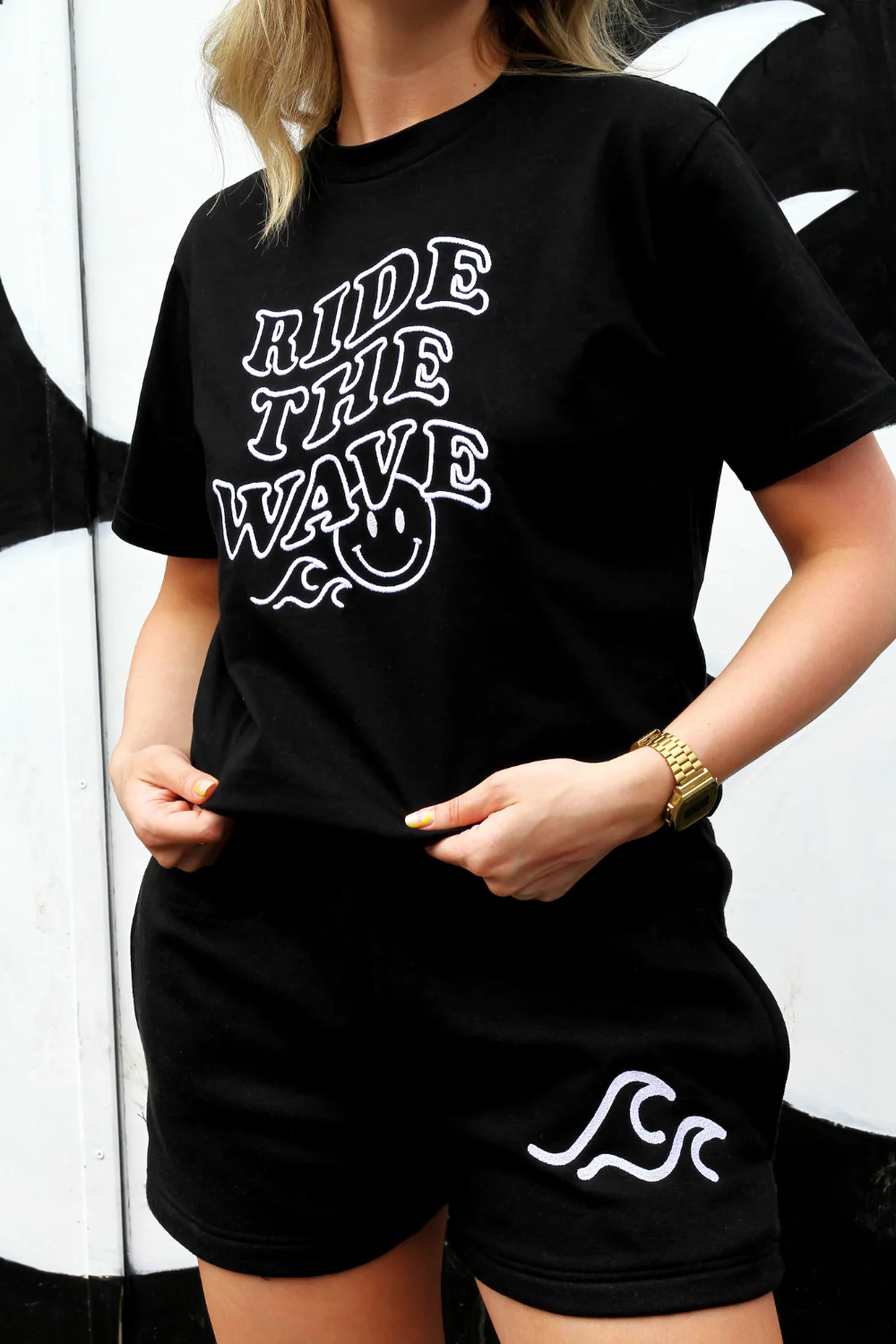 Ride the wave black & white embroidered tee short coord - Image 4
