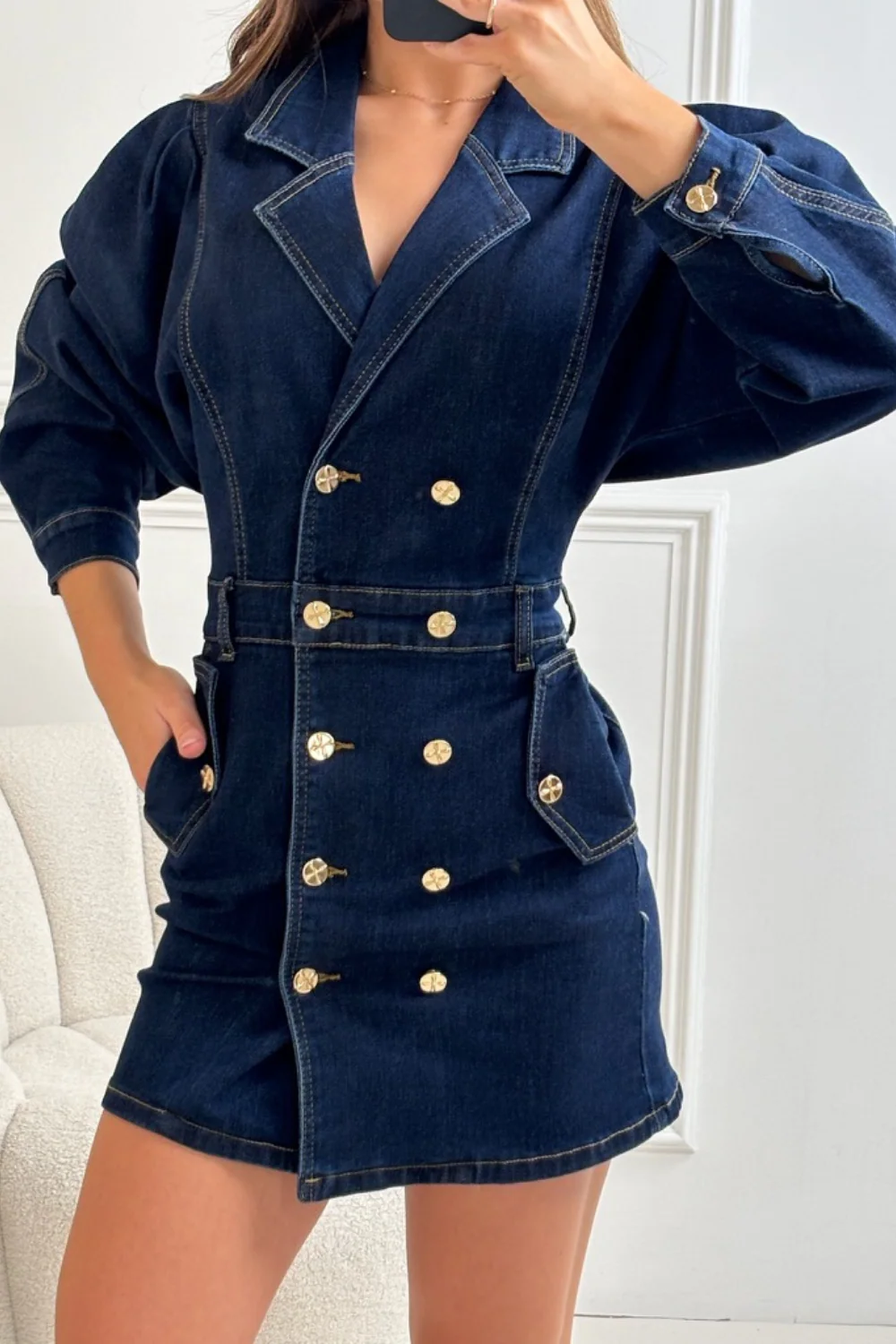 Riley dark denim puff sleeve mini dress - Image 4