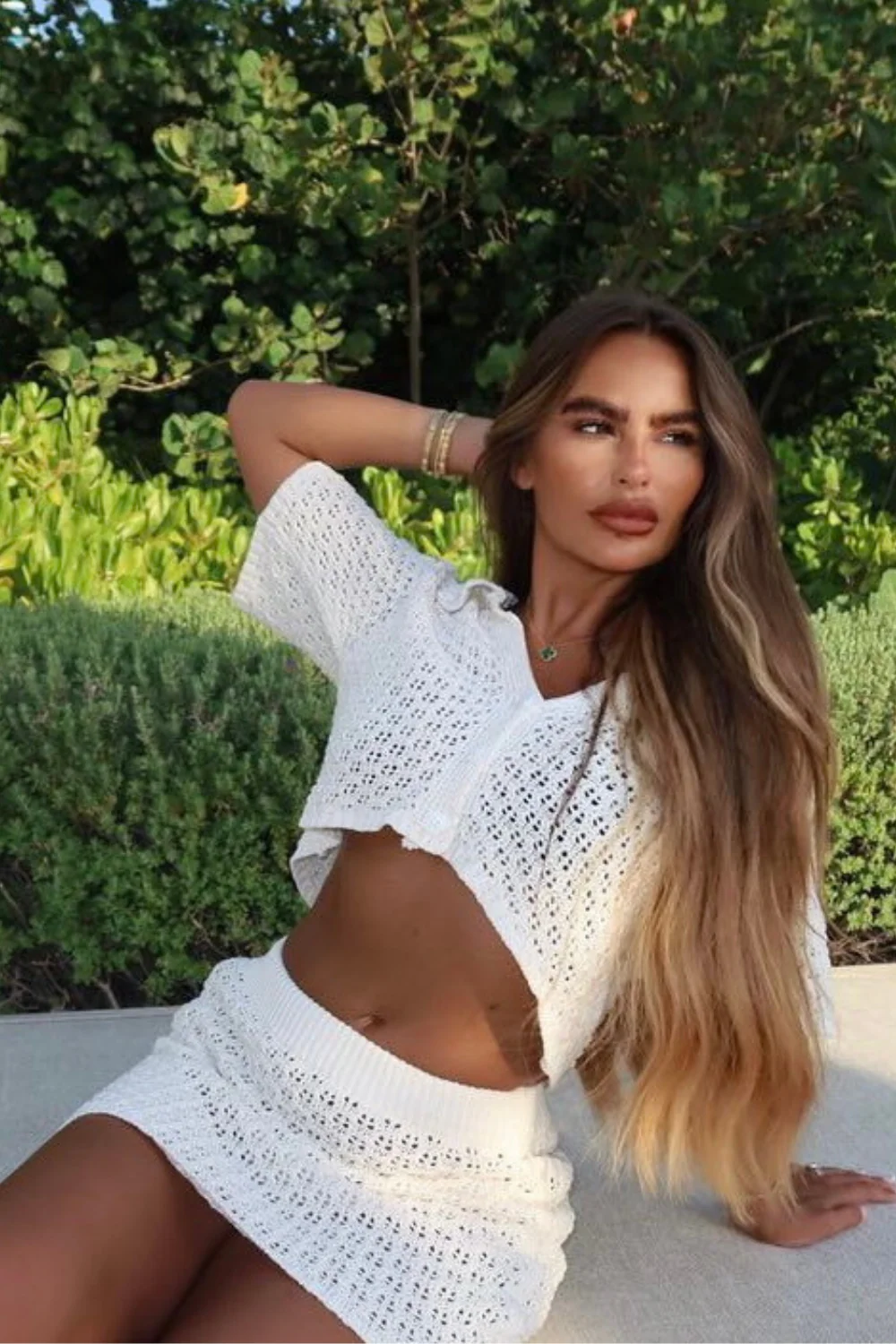 River cream crochet cardigan mini skirt co-ord