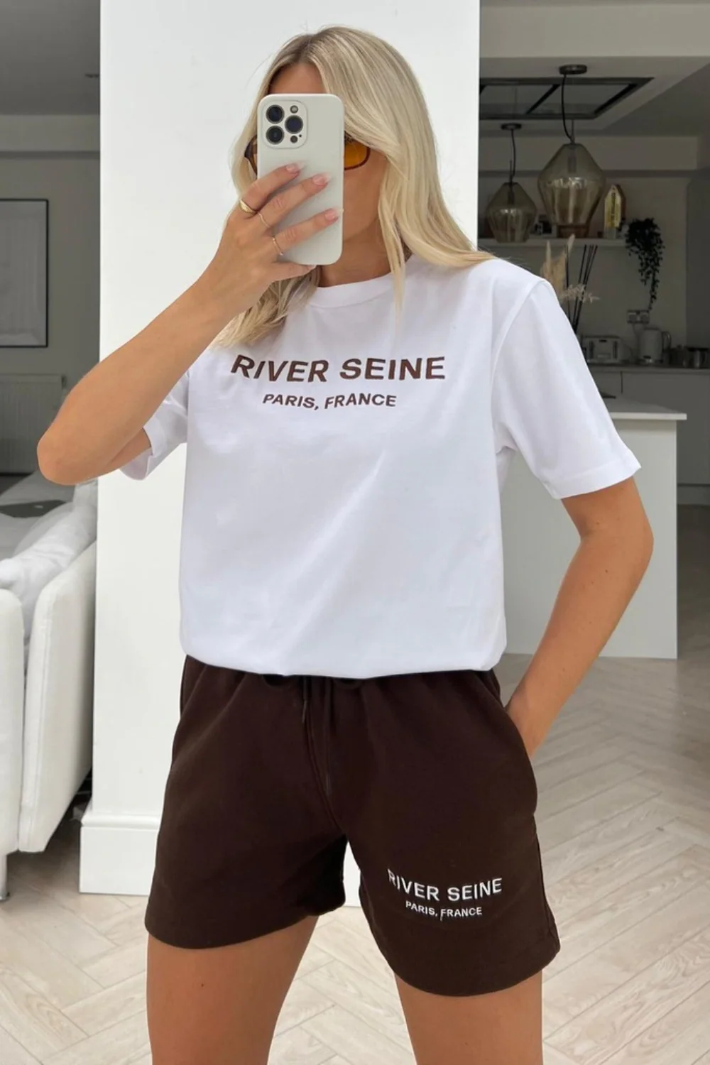 River seine white & chocolate embroidered tee short coord.