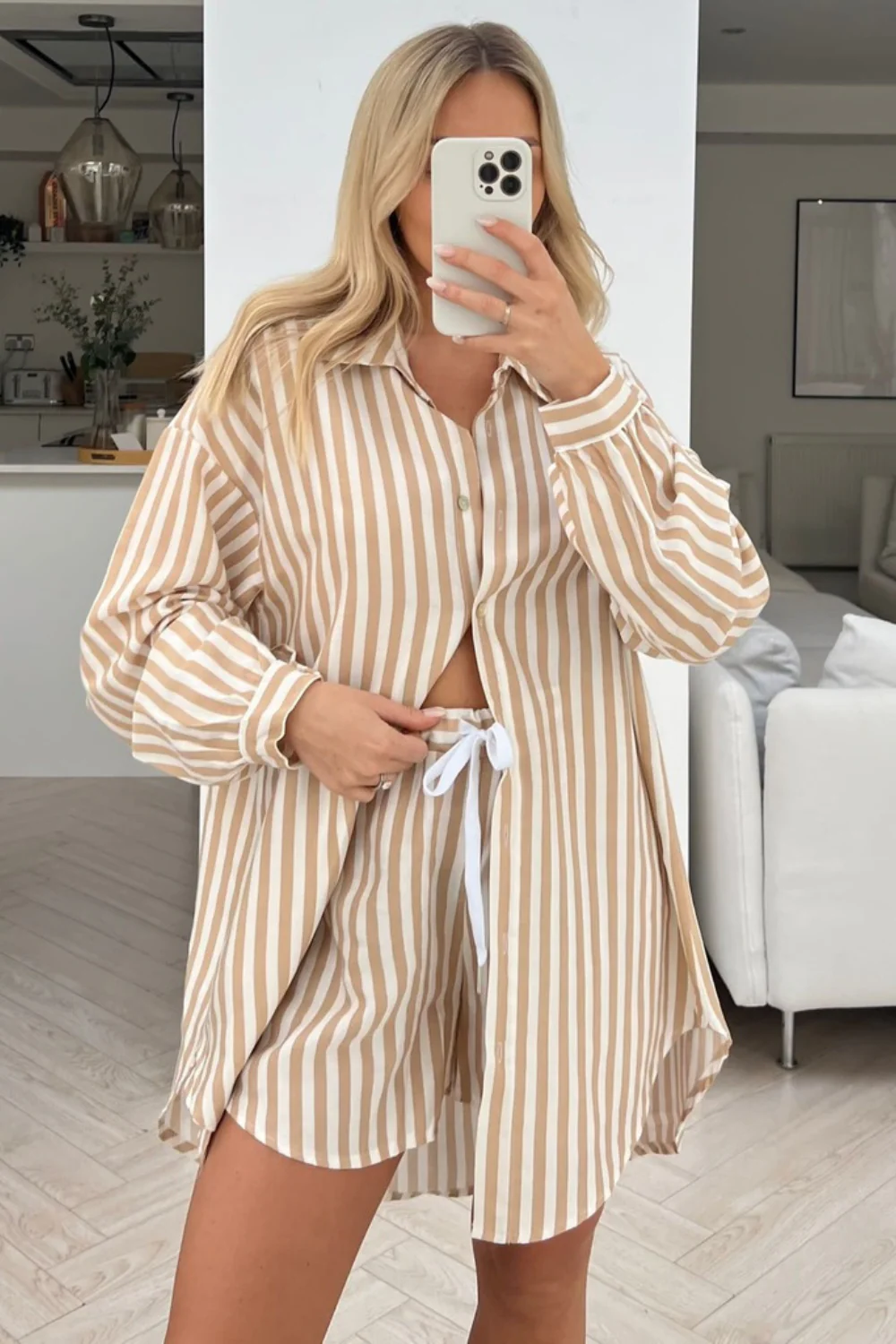 Rome beige & white Striped shirt short Co-ord - Image 2