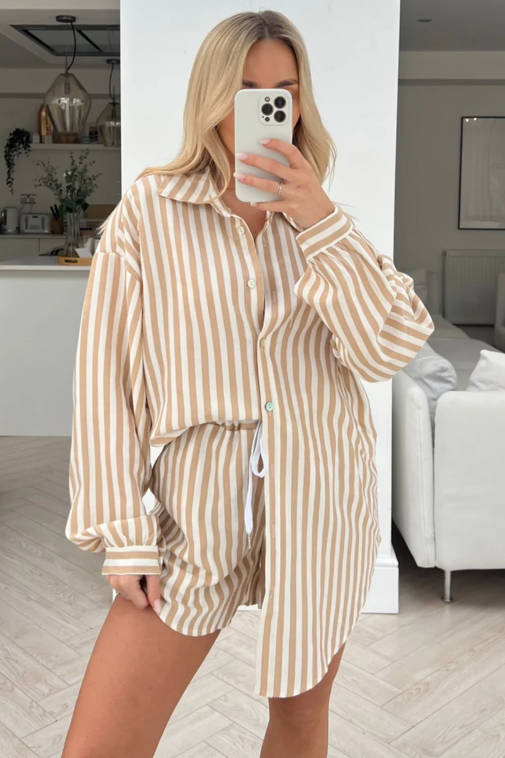 Rome beige & white Striped shirt short Co-ord - Image 3