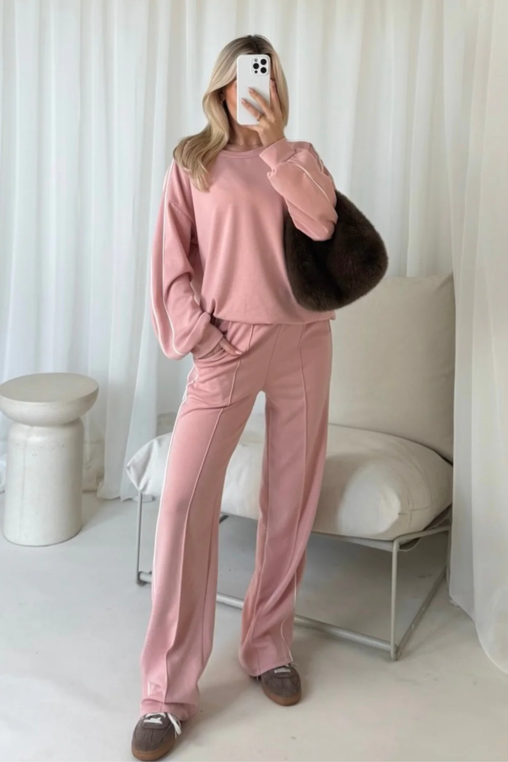 Romy pink contrast piping sweater & trouser loungewear - Image 2