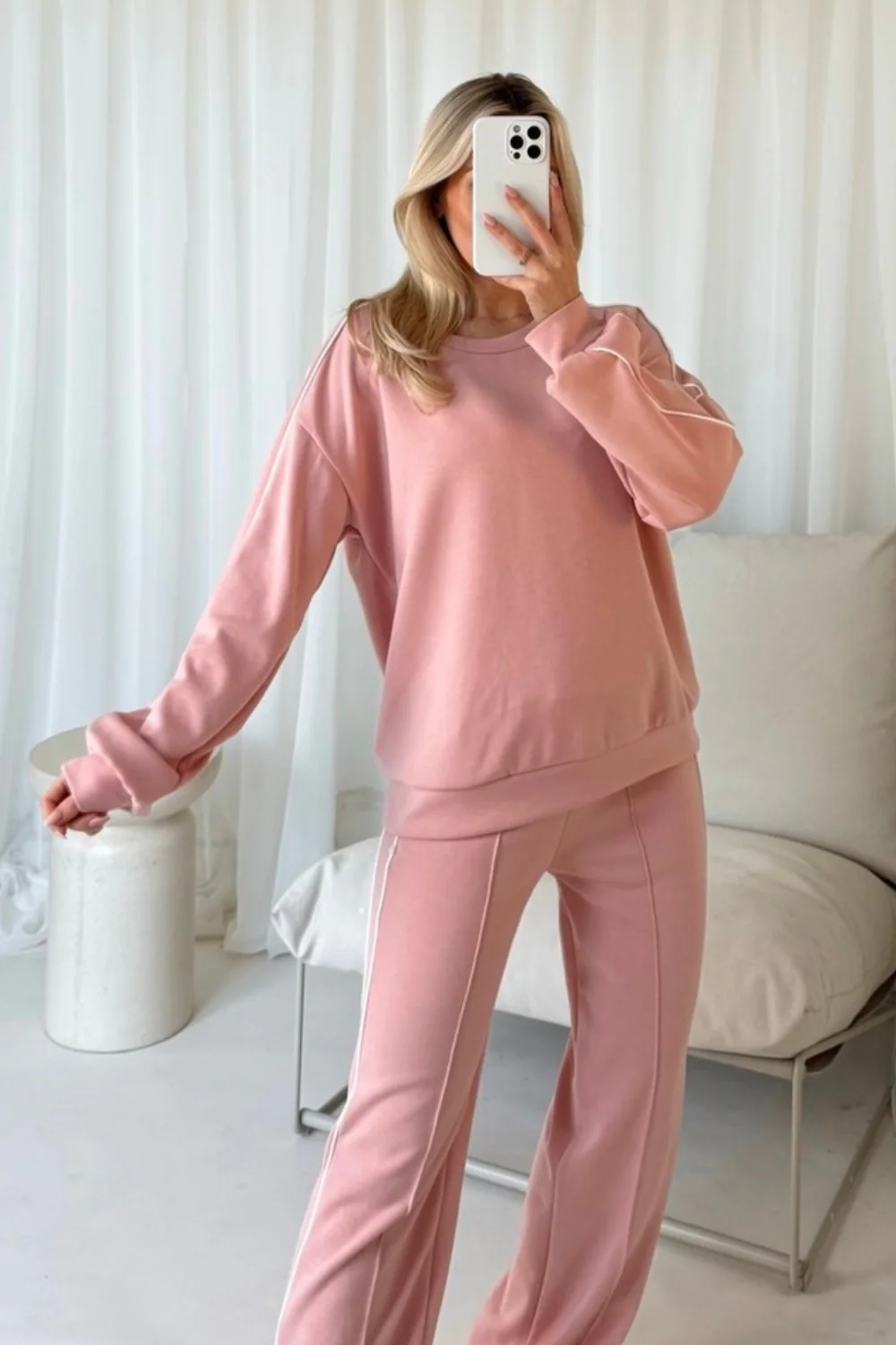 Romy pink contrast piping sweater & trouser loungewear - Image 3