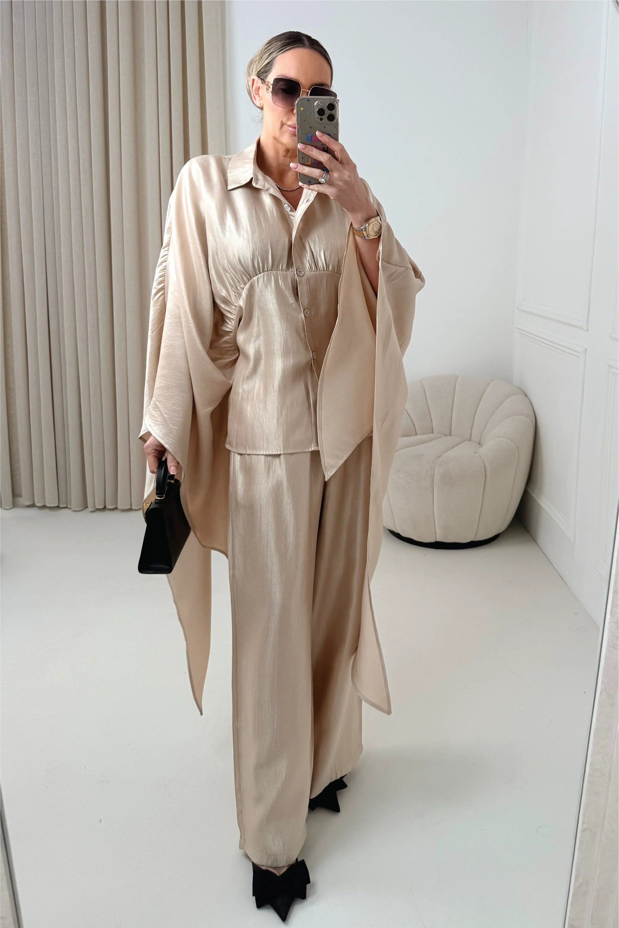 ROSALINA CHAMPAGNE CAPE TOP AND MATCHING DRAWSTRING TROUSERS CO ORD TWO PIECE SET - Image 2