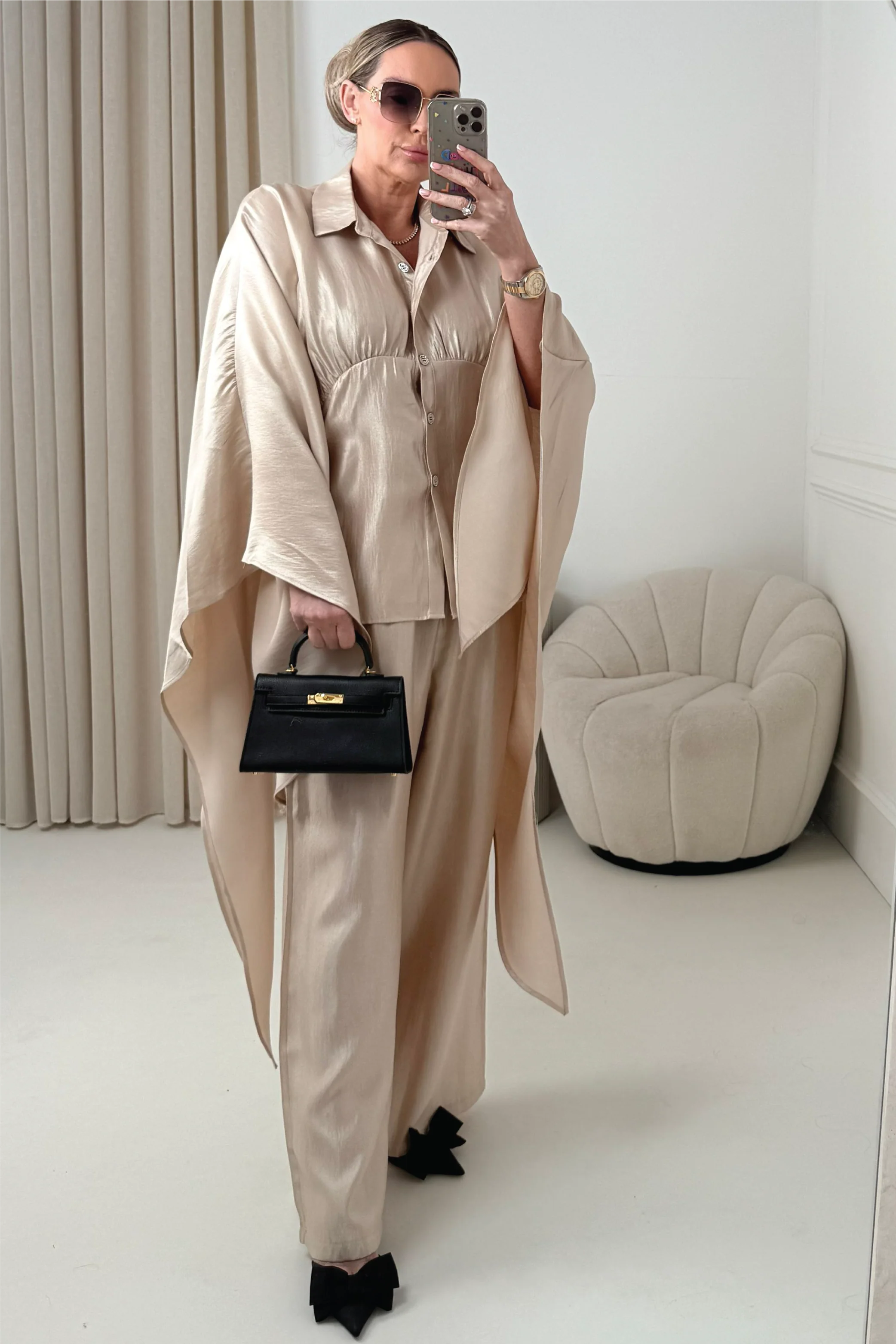 ROSALINA CHAMPAGNE CAPE TOP AND MATCHING DRAWSTRING TROUSERS CO ORD TWO PIECE SET - Image 3
