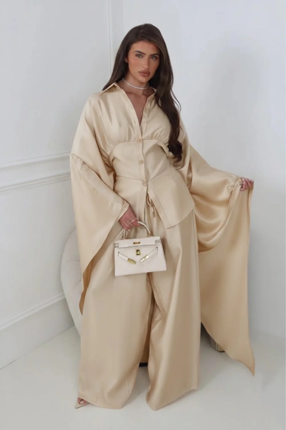 ROSALINA CHAMPAGNE CAPE TOP AND MATCHING DRAWSTRING TROUSERS CO ORD TWO PIECE SET - Image 5