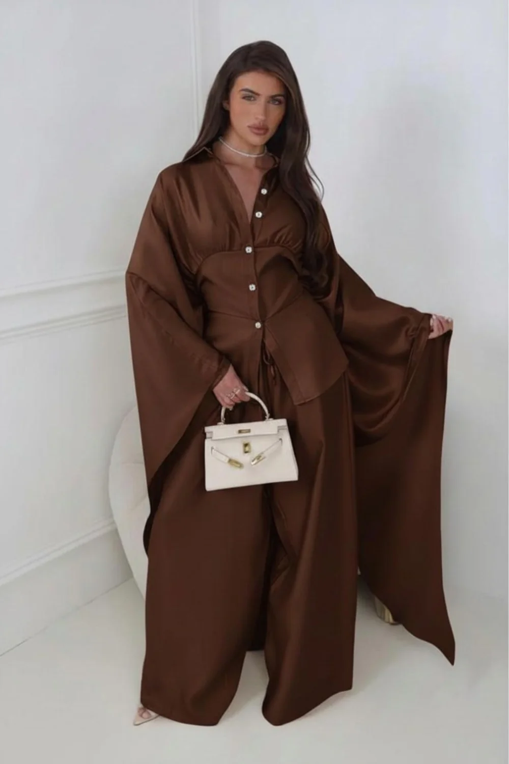 ROSALINA CHOCOLATE CAPE TOP AND MATCHING DRAWSTRING TROUSERS CO ORD TWO PIECE SET - Image 7