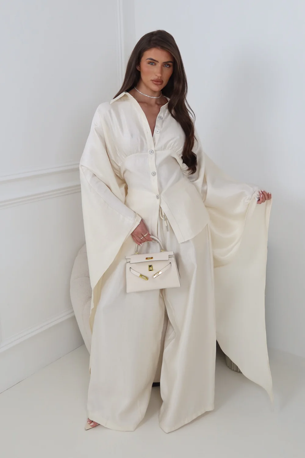 ROSALINA CREAM CAPE TOP AND MATCHING DRAWSTRING TROUSERS CO ORD TWO PIECE SET