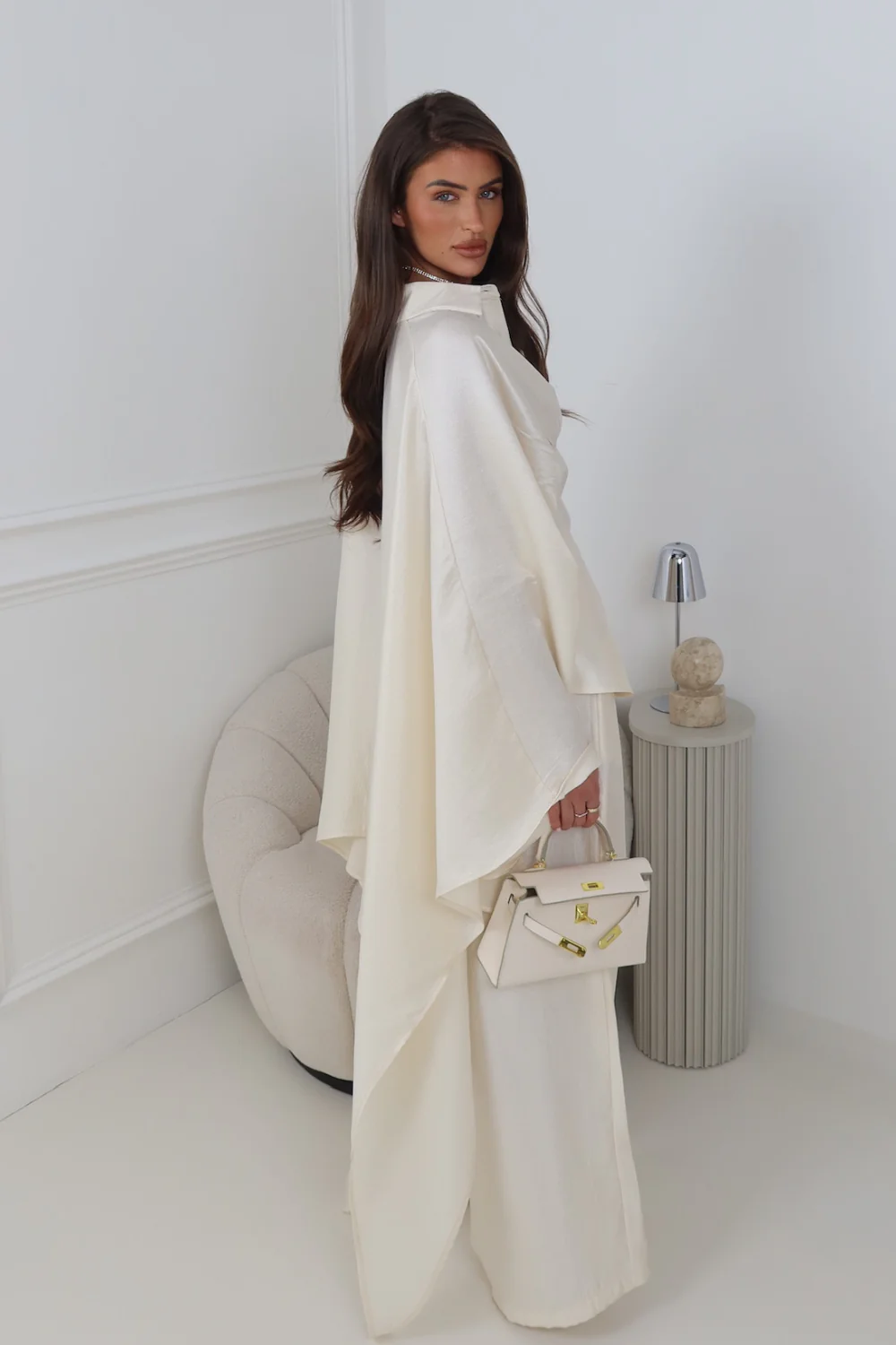 ROSALINA CREAM CAPE TOP AND MATCHING DRAWSTRING TROUSERS CO ORD TWO PIECE SET - Image 2