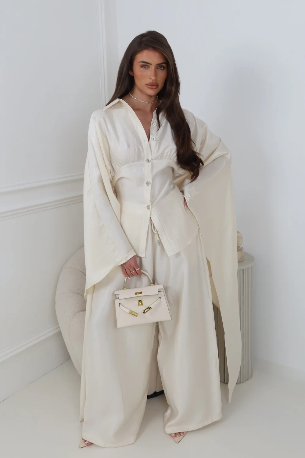 ROSALINA CREAM CAPE TOP AND MATCHING DRAWSTRING TROUSERS CO ORD TWO PIECE SET - Image 3