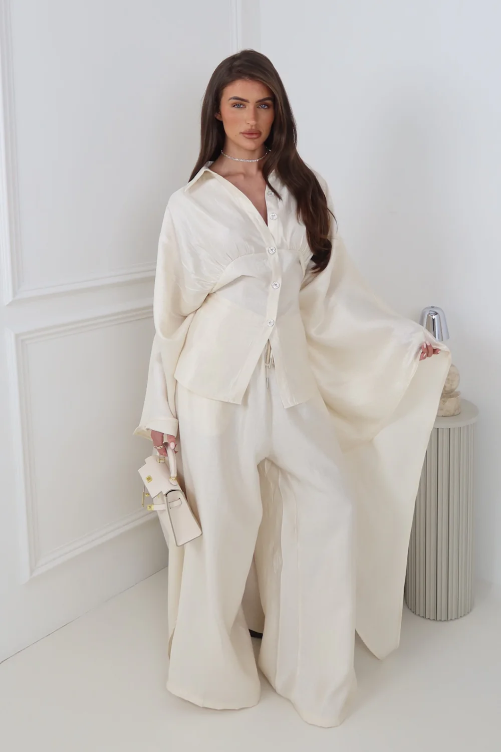 ROSALINA CREAM CAPE TOP AND MATCHING DRAWSTRING TROUSERS CO ORD TWO PIECE SET - Image 4
