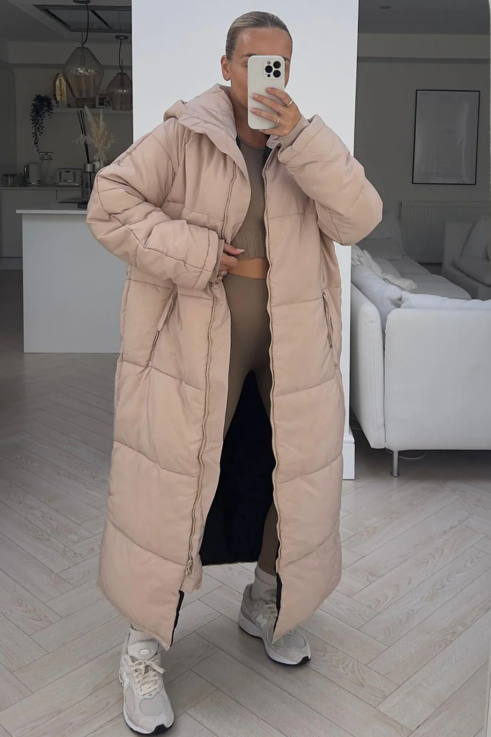 Rosie beige long hooded duvet coat