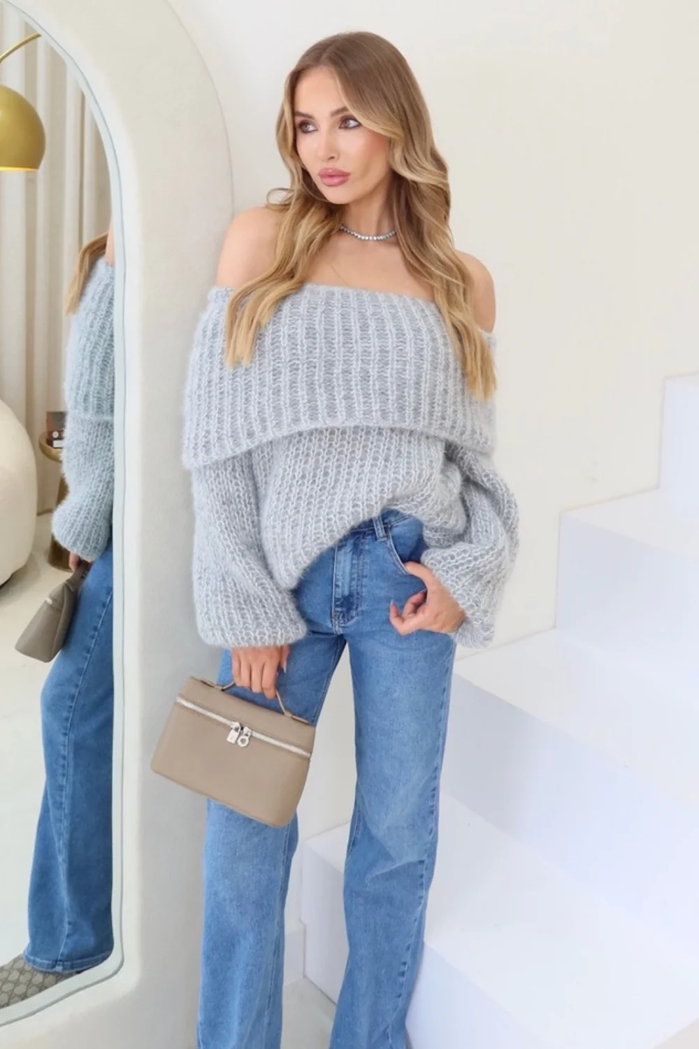 Rosie grey off the shoulder knit jumper - Image 2