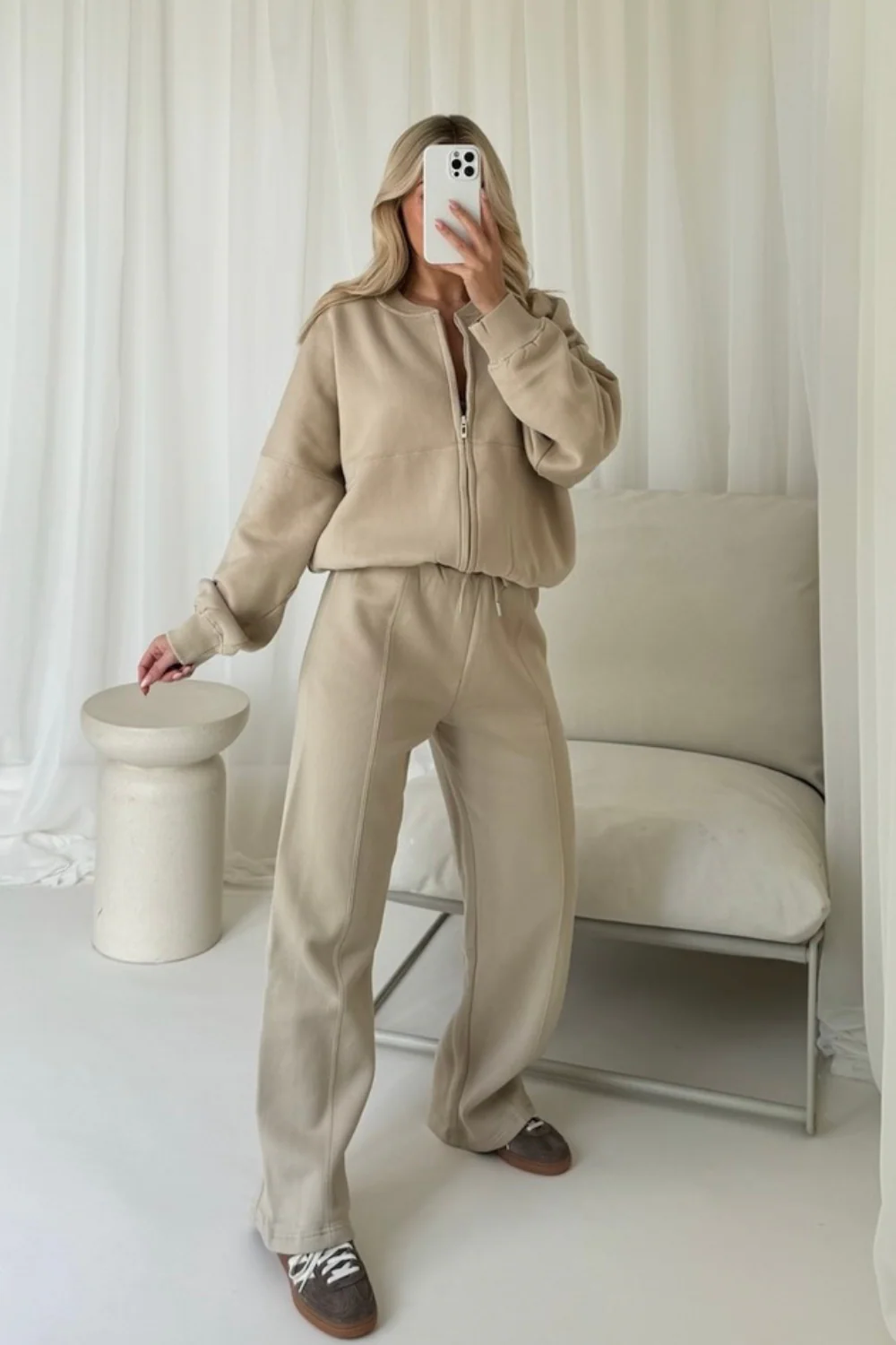 Rosie beige bomber jacket and straight leg jogger loungewear - Image 2