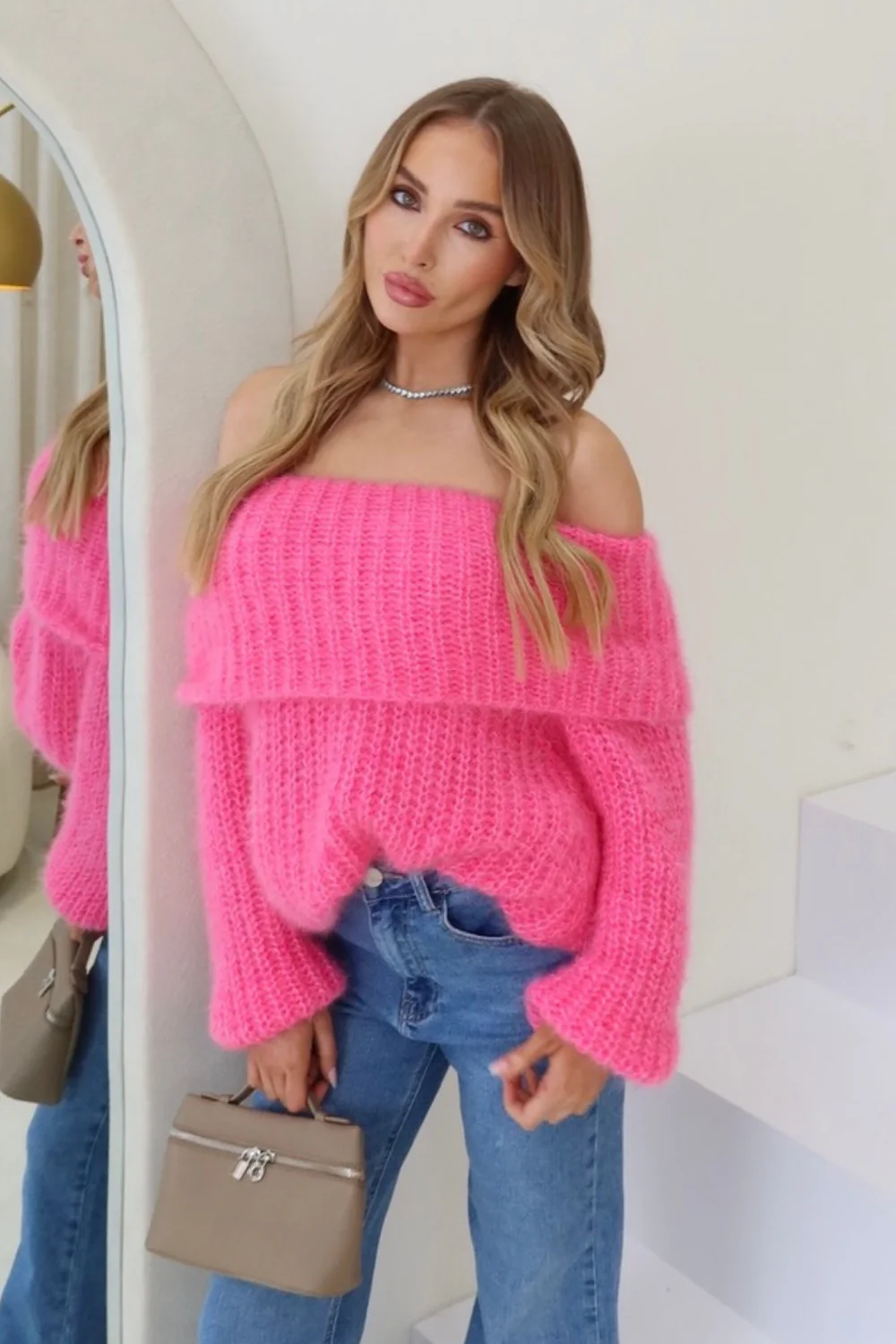 Rosie pink off the shoulder knit jumper - Image 2