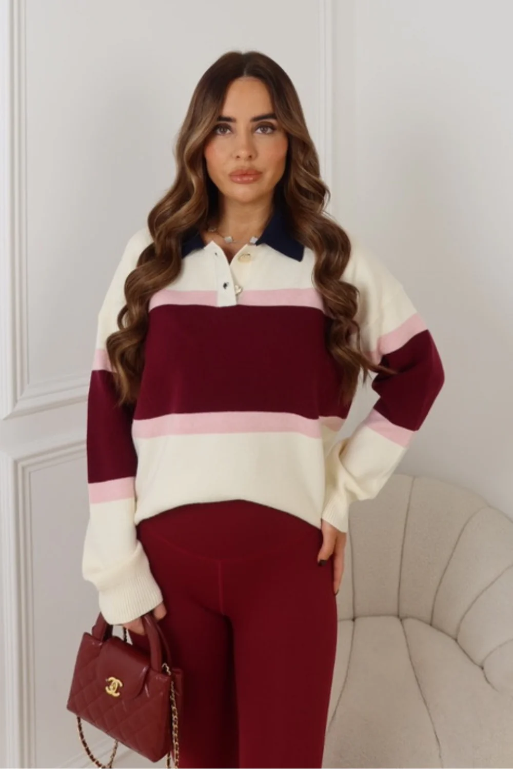 ROSY CREAM STRIPED COLLARED JUMPER