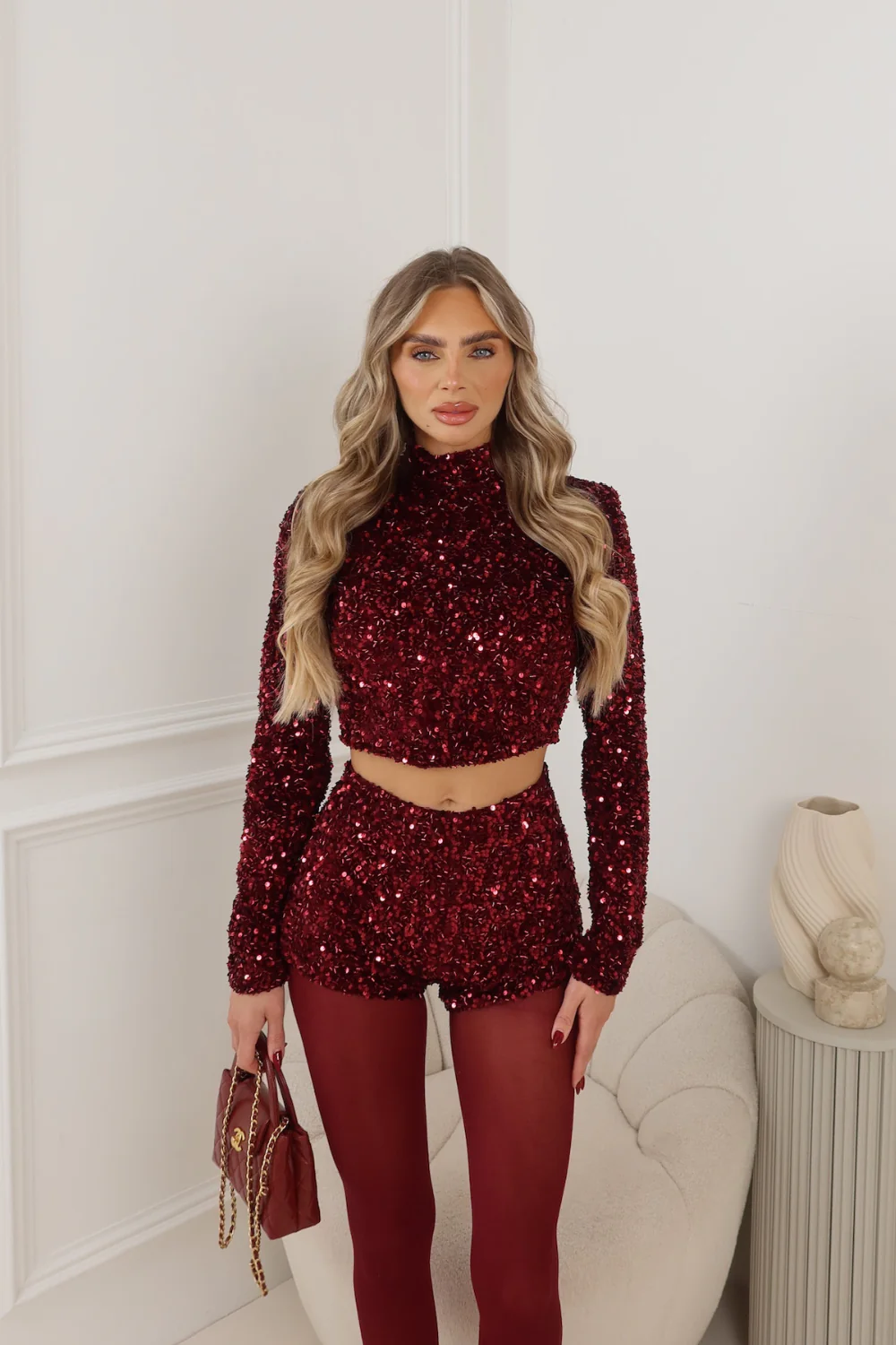 ROXANNE BURGUNDY SEQUIN SHORTS - Image 2