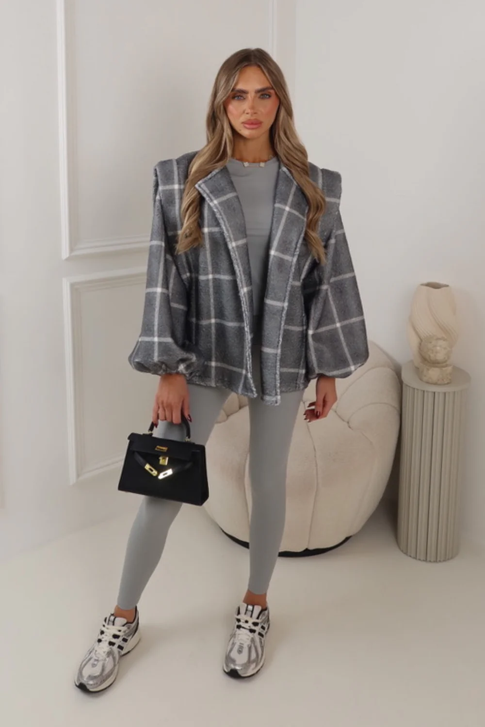 SABRYNA GREY CHECKED BALLON SLEEVED JACKET - Image 3