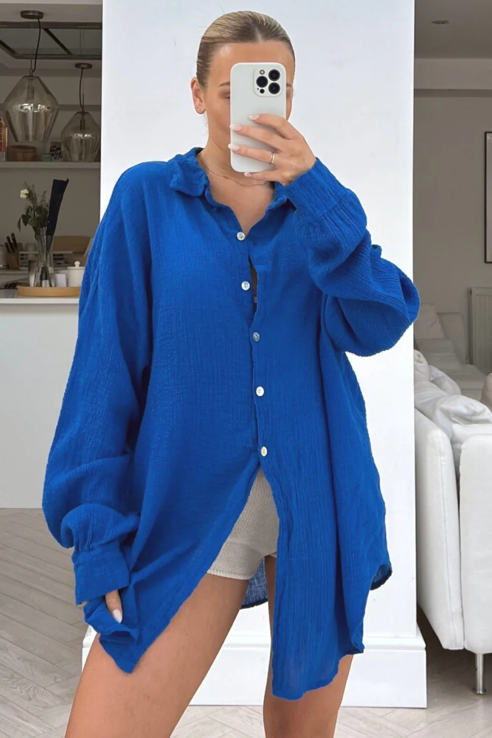 Safia royal blue cheesecloth knot tie button up shirt - Image 2