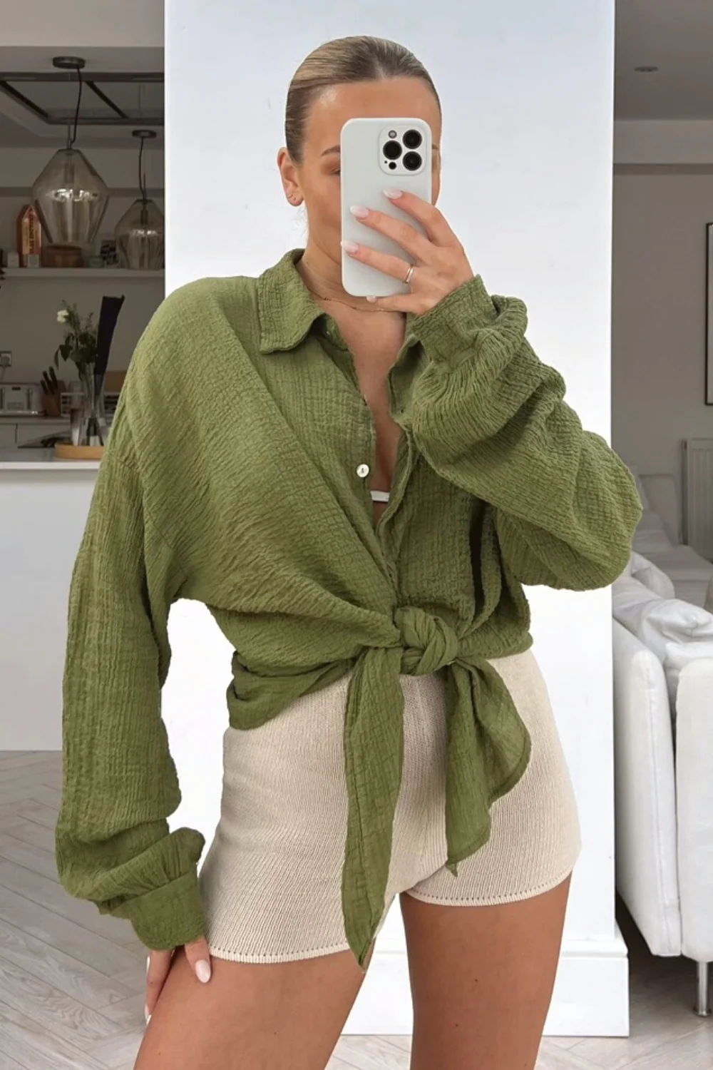 Safia khaki cheesecloth knot tie button up shirt