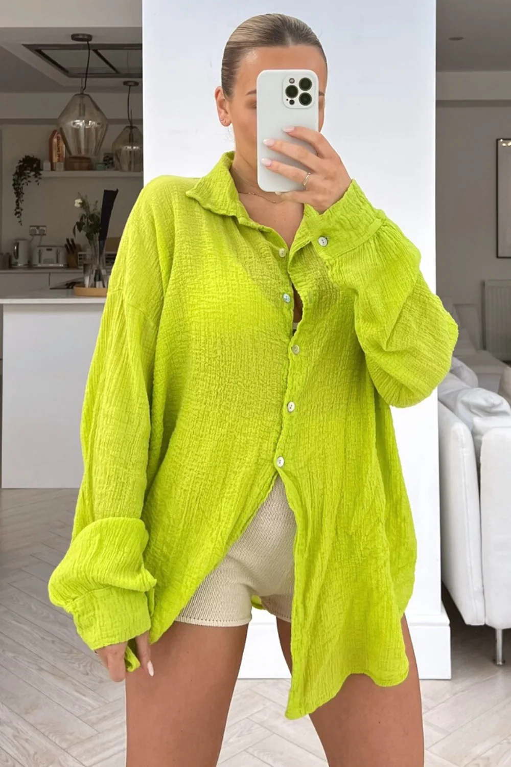 Safia lime green cheesecloth knot tie button up shirt - Image 3
