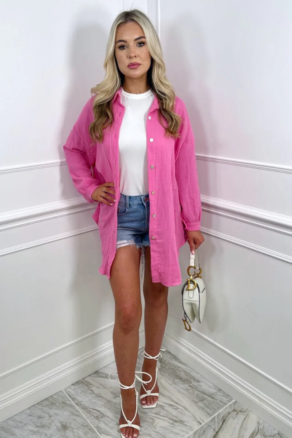 Safia hot pink cheesecloth knot tie button up shirt - Image 4