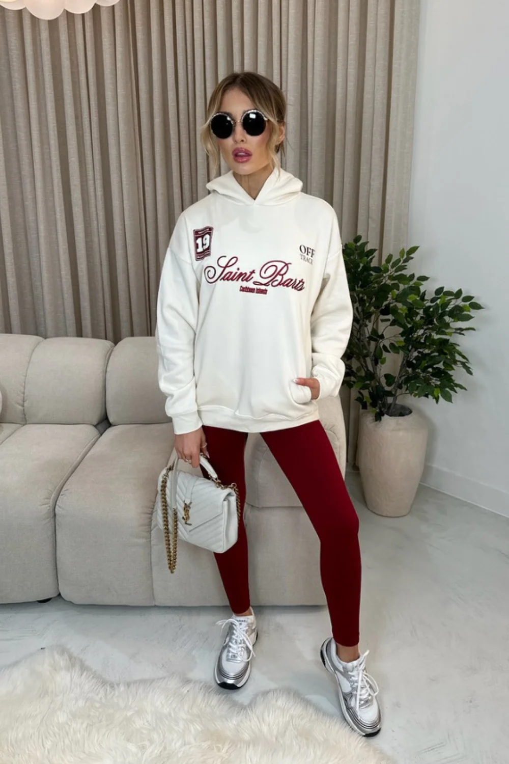 Saint Barts embroidered ecru hoodie and red legging set - Image 2