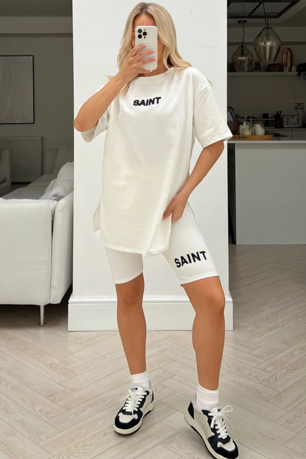 SAINT CREAM EMBROIDERED CYCLING SHORT CO ORD TWO PIECE SET