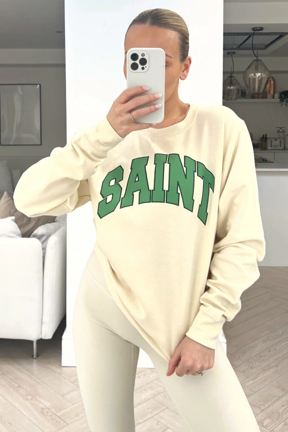 Saint ecru & green printed round neck sweater