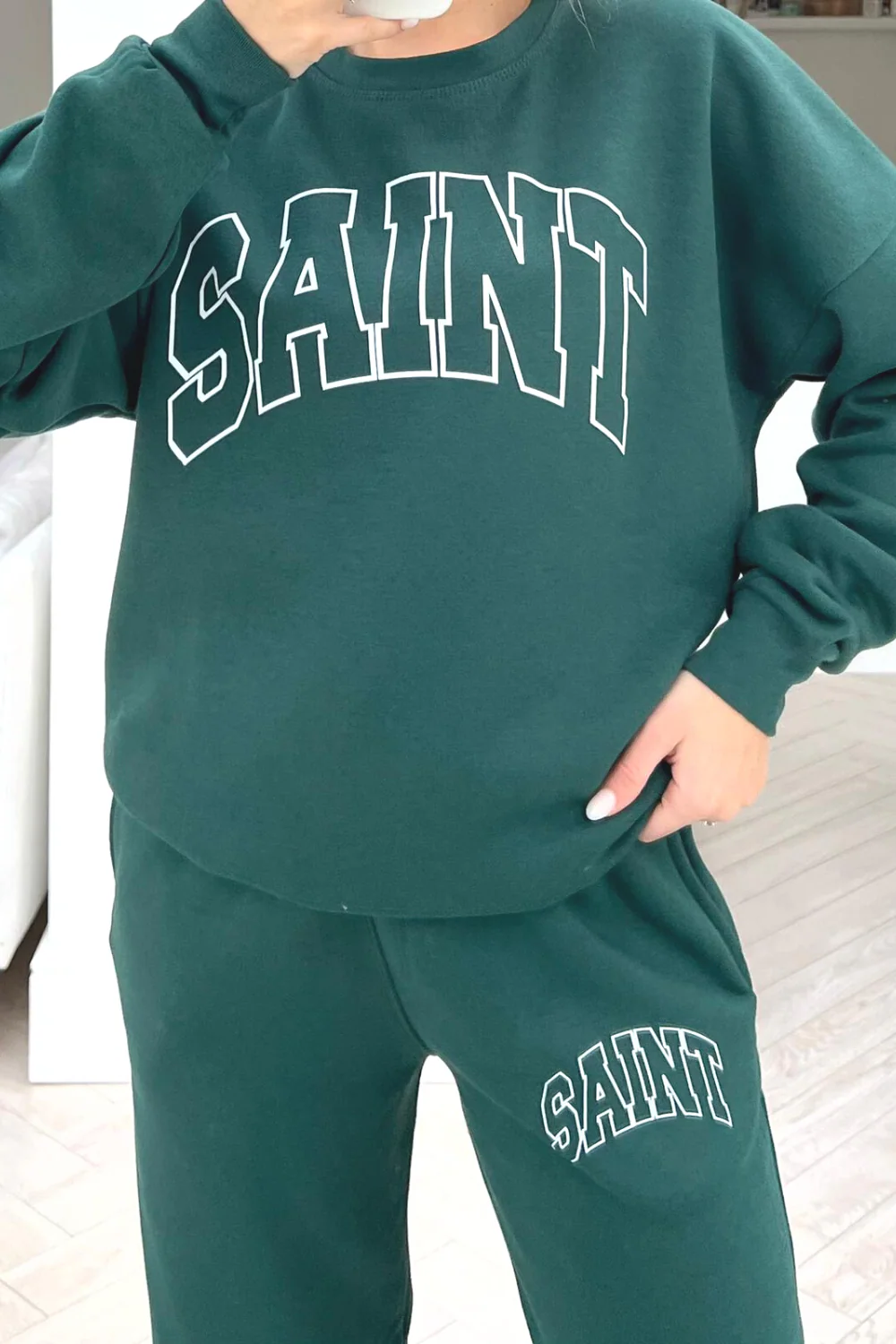 Saint forest green printed sweater loungewear set - Image 2