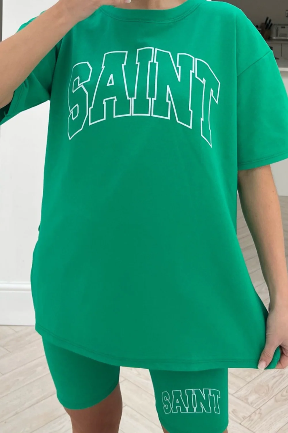 Saint green printed cycling short co-ord - Image 3