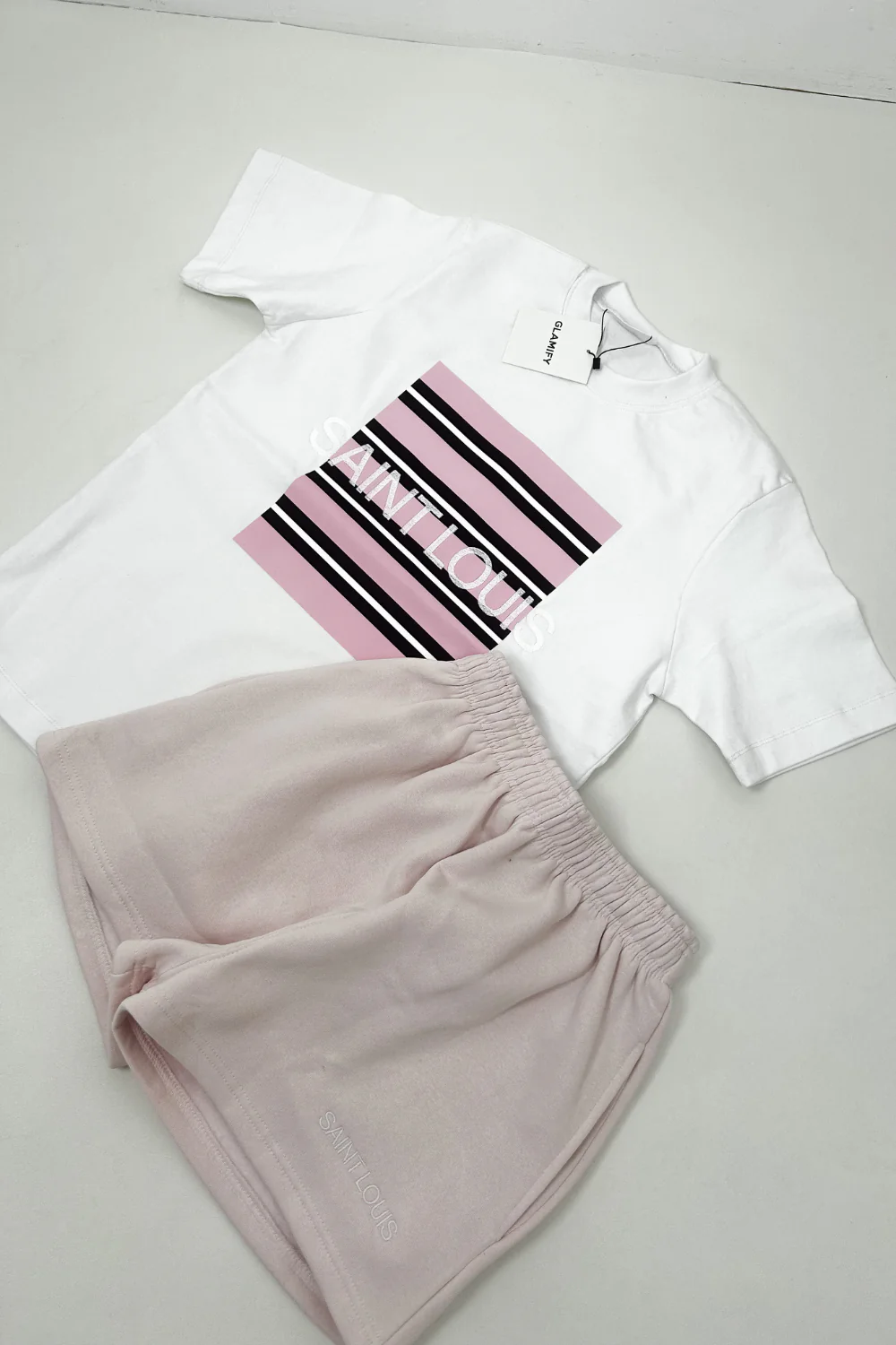 SAINT LOUIS BABY PINK & WHTE EMBROIDERED PREMIUM TEE & SHORTS SET - Image 2