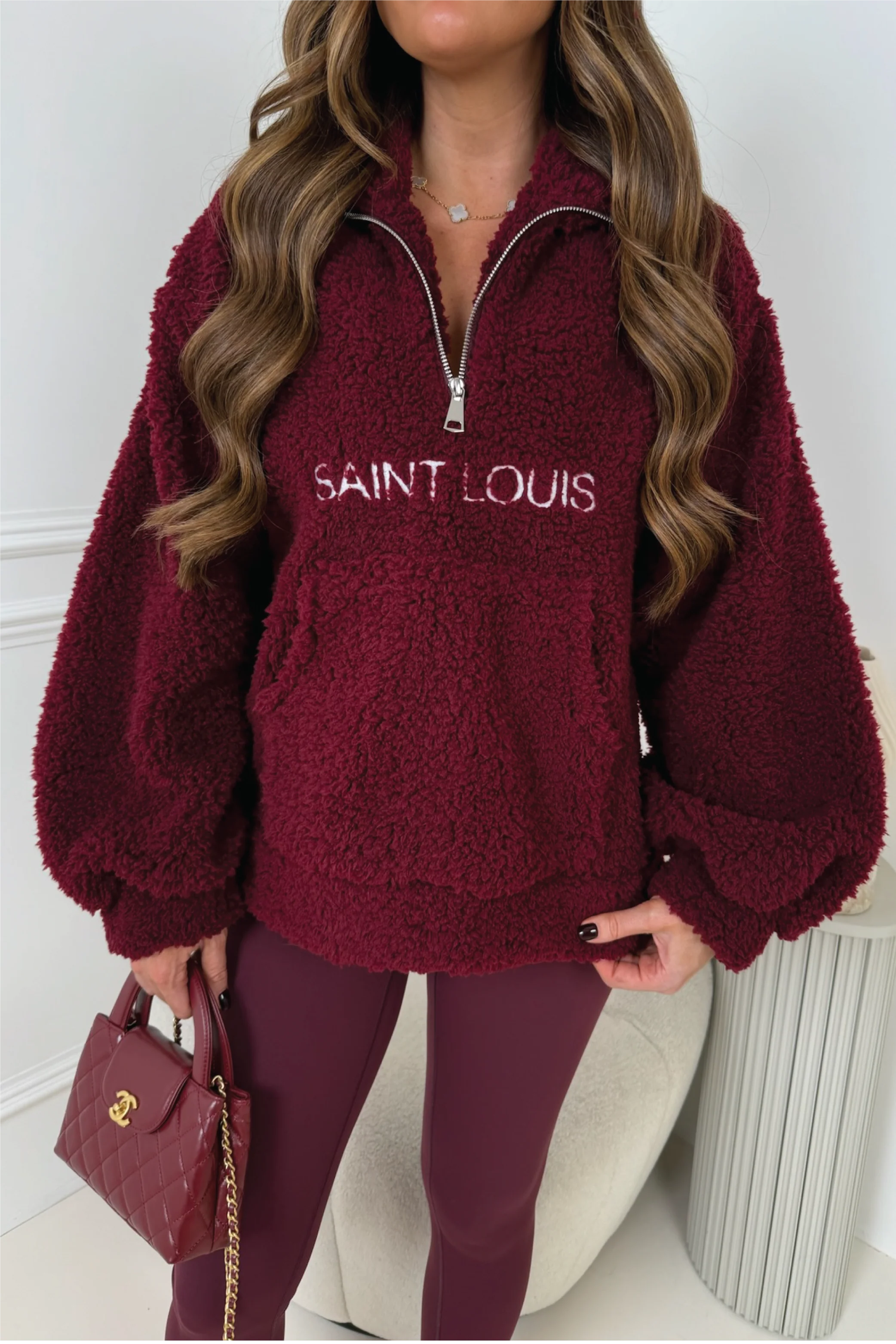 SAINT LOUIS BURGUNDY EMBROIDERED 3/4 ZIP FLEECE