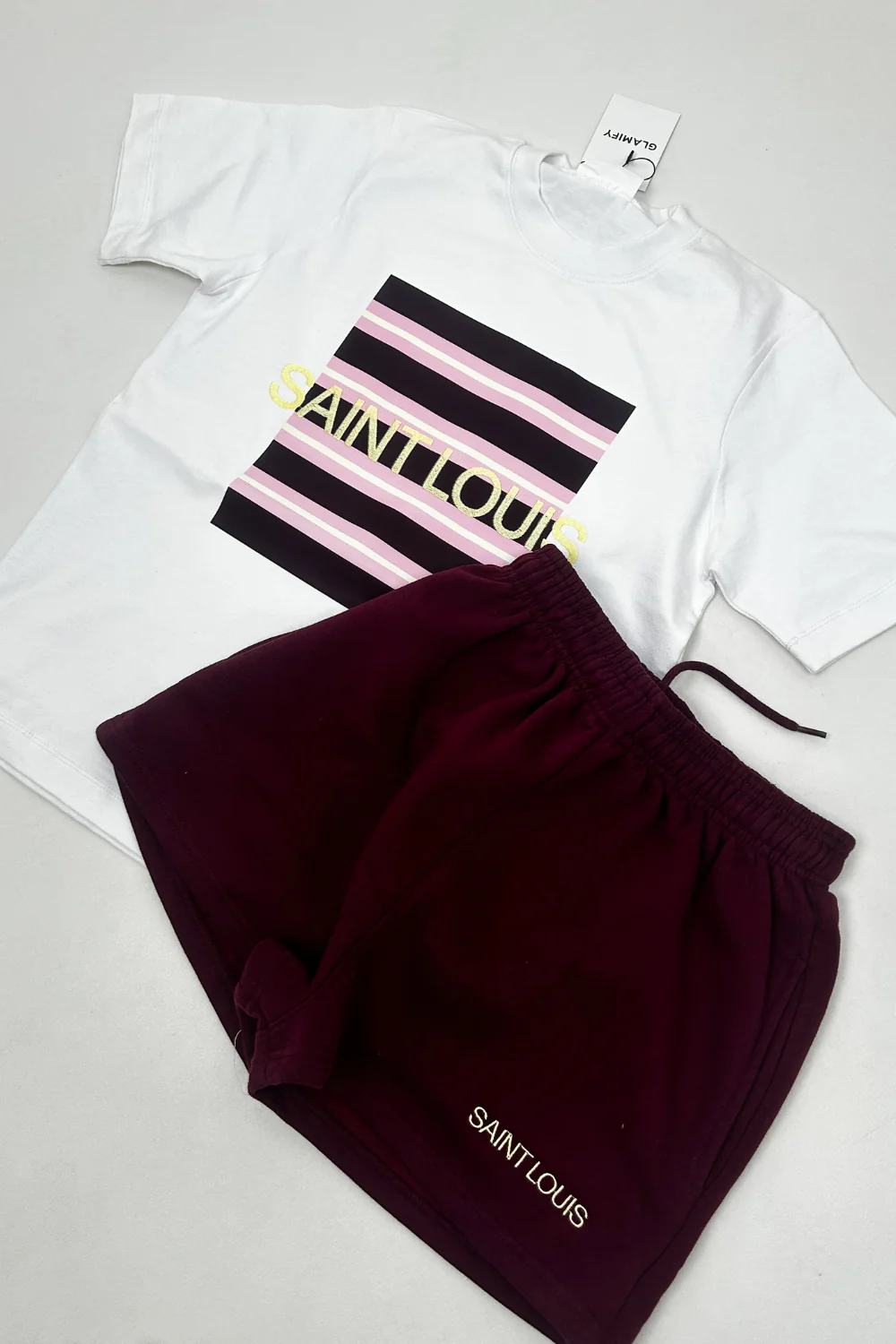 SAINT LOUIS BURGUNDY & LEMON EMBROIDERED PREMIUM TEE & SHORTS SET - Image 2