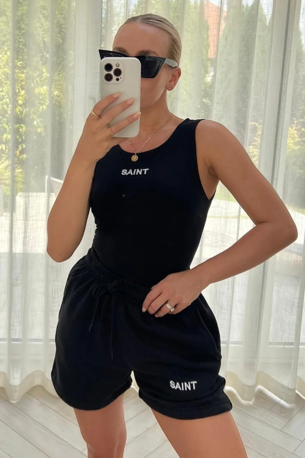 Saint love black embroidered bodysuit short coord