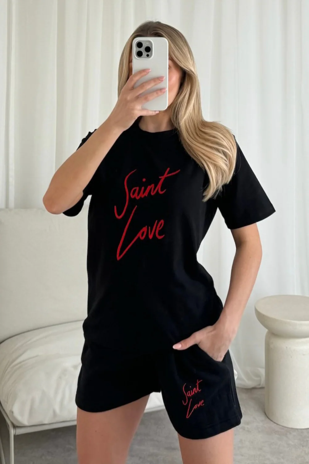 Saint Love black embroidered premium t-shirt shorts co-ord - Image 2