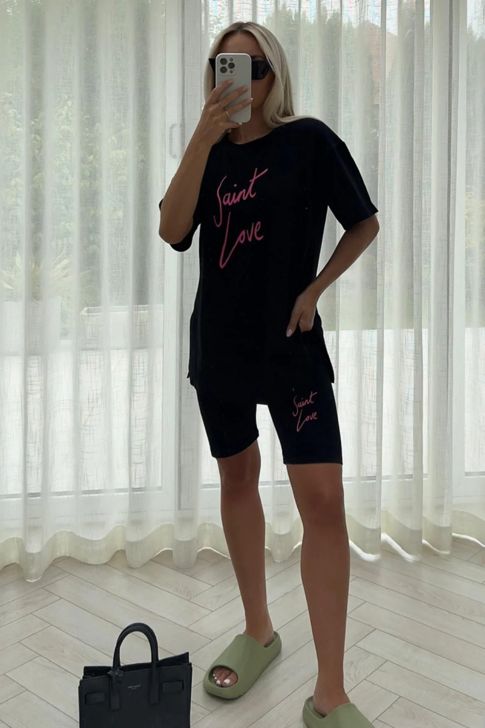 Saint love black & pink embroidered cycling short coord - Image 2