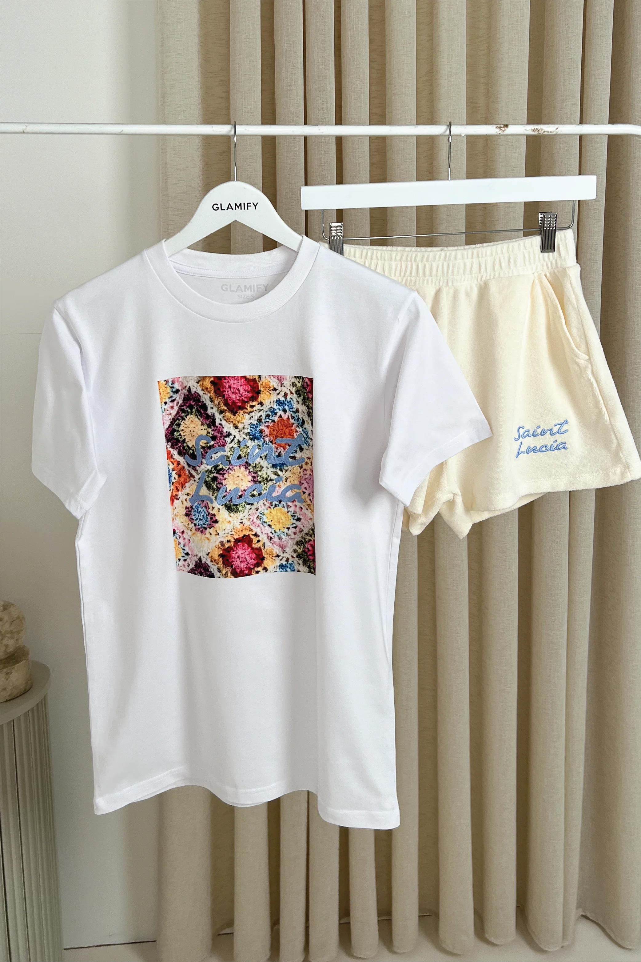 Saint lucia cream embroidered t-shirt towelling shorts set - Image 5