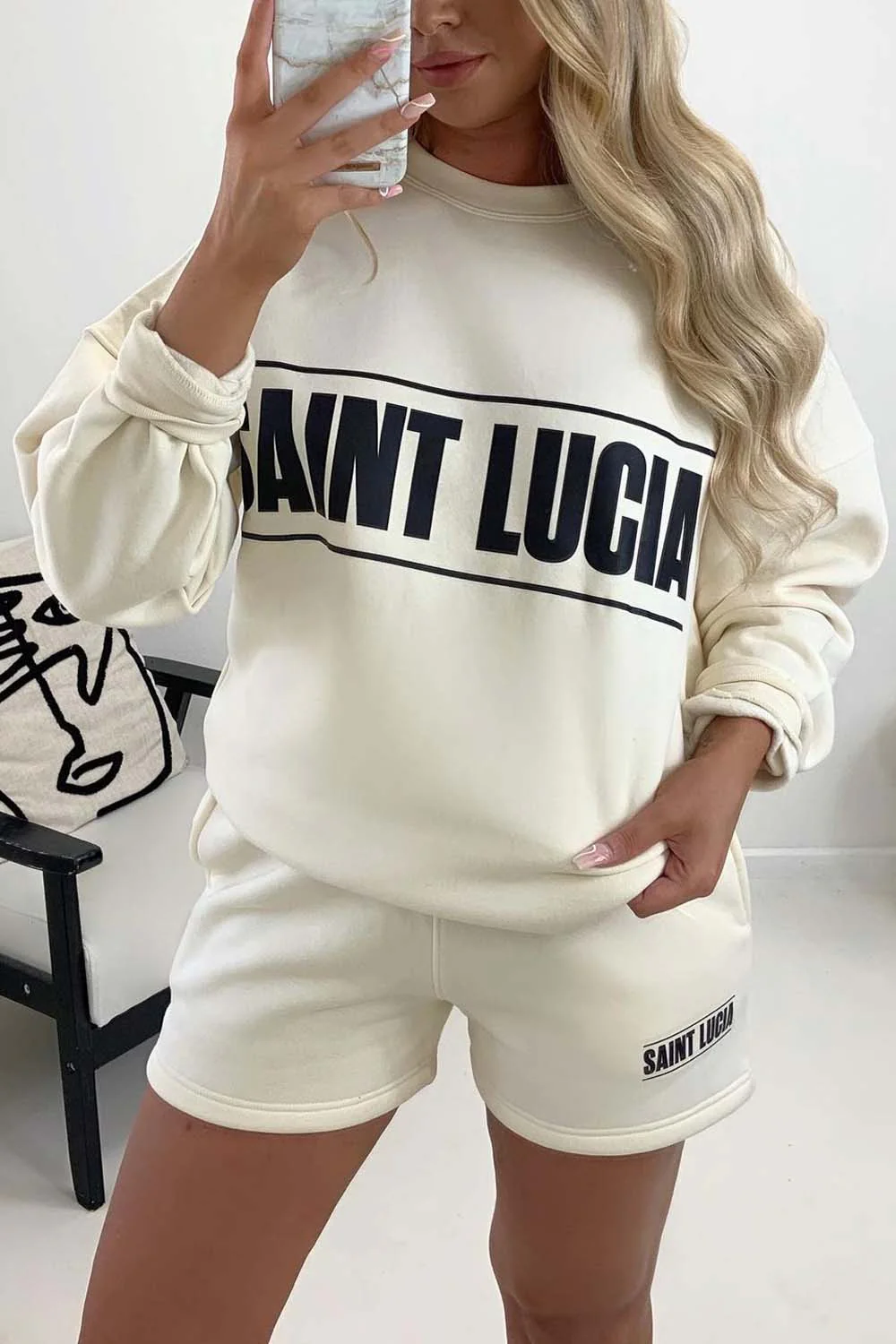 Saint Lucia Ecru Printed sweater short loungewear set - Image 4