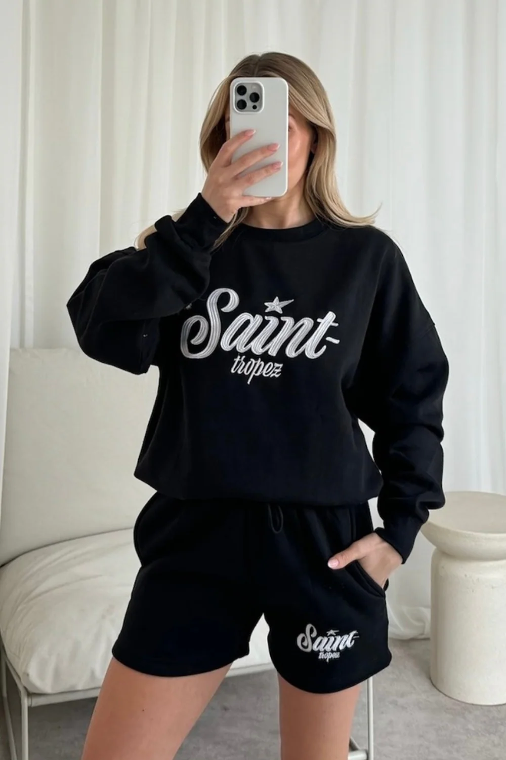 Saint tropez black embroidered sweater shorts loungewear