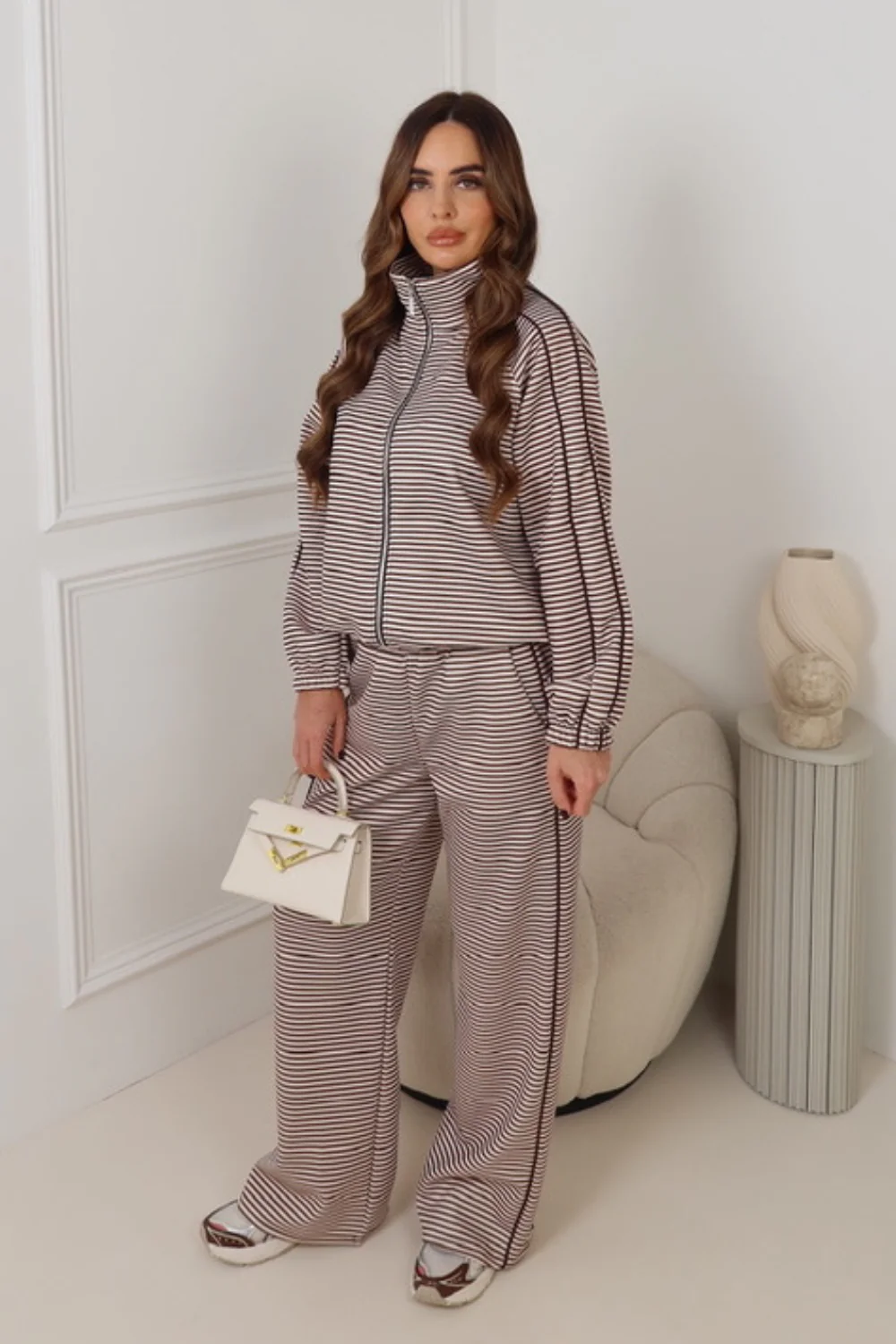 SAINTA CHOCOLATE STRIPED ZIP HIGH NECK JACKET & TROUSER SET - Image 3