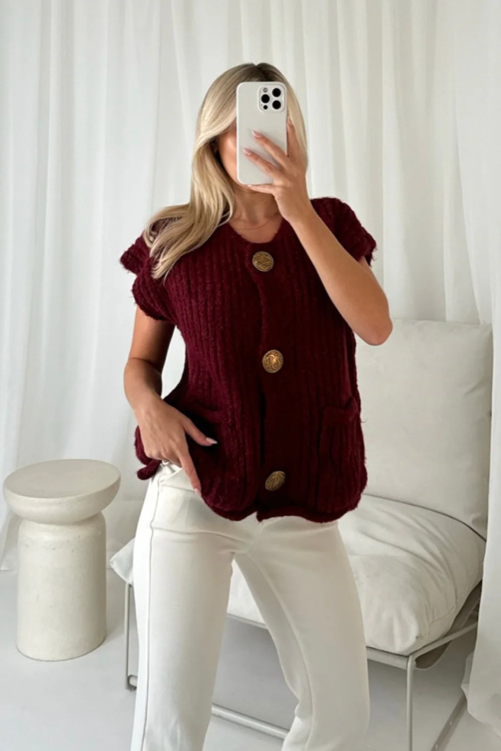 Sally burgundy sleeveless cardigan - Image 3